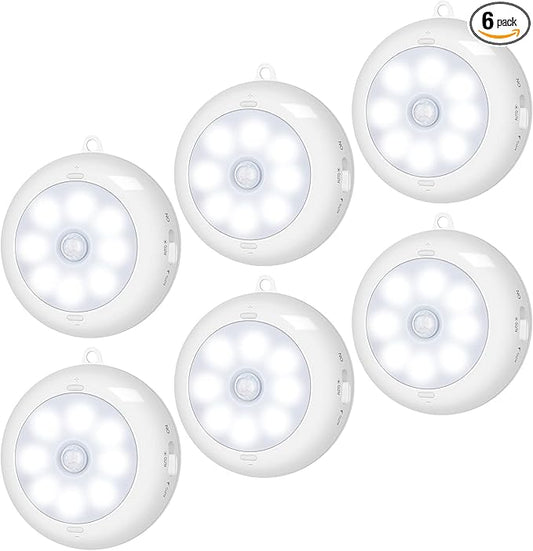 BLS Motion Sensor Light Indoor, Wireless LED Night Light, Under Cabinet Lighting, Battery Powered Puck Lights for Closet, Kitchen, Stairs, Wall, AA Battery Operated, Stick on, Dimmable, White, 6 Pack