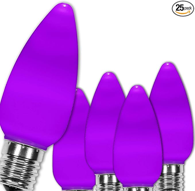 Wintergreen Lighting OptiCore 25 Count C9 Purple Smooth Finish LED Christmas Bulbs, Premium Heavy Duty E17 Base Outdoor Christmas Lights Replacement Bulb, Halloween Decorations