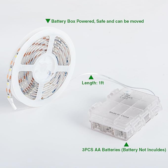 Battery-Powered LED Strip Lights Warm White with Remote, 2 Pack of 6.6ft, 240 2835 LED Warm White, Cuttable, Timer Function, Waterproof, Suitable for Wardrobe, Kitchen, Bedroom Decor.