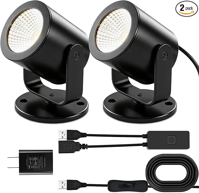 TAYSING LED Spotlight Indoor 5W USB Powered 360 Degree Rotating Mini Display Accent Light for Pictures Paintings Plants Shelves Cabinet Showcase, 2 Pack Daylight White 6000K