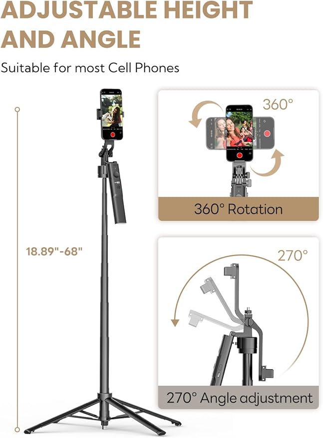 USKEYVISION Auto Face Tracking Tripod for iPhone 360°Rotation,Selfie Stick for Android w/Remote&Ground Spike,68” Phone Tripod Stand That Follows Your Movement for Video Recording,Vlogging(R01)