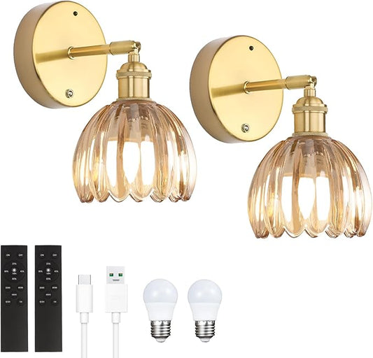 Battery Operated Vintage Wall Sconces with Amber Tulip Glass Lampshade Battery Powered Wall Lighting for Bedside Bedroom Doorway, Set of 2