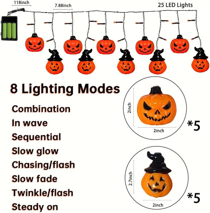 6ft Halloween Pumpkin Curtain String Lights, Led Icicle Light Strand, Jack-o'-Lantern with 8 Modes Battery Operated Indoor Outdoor Holiday Decoration