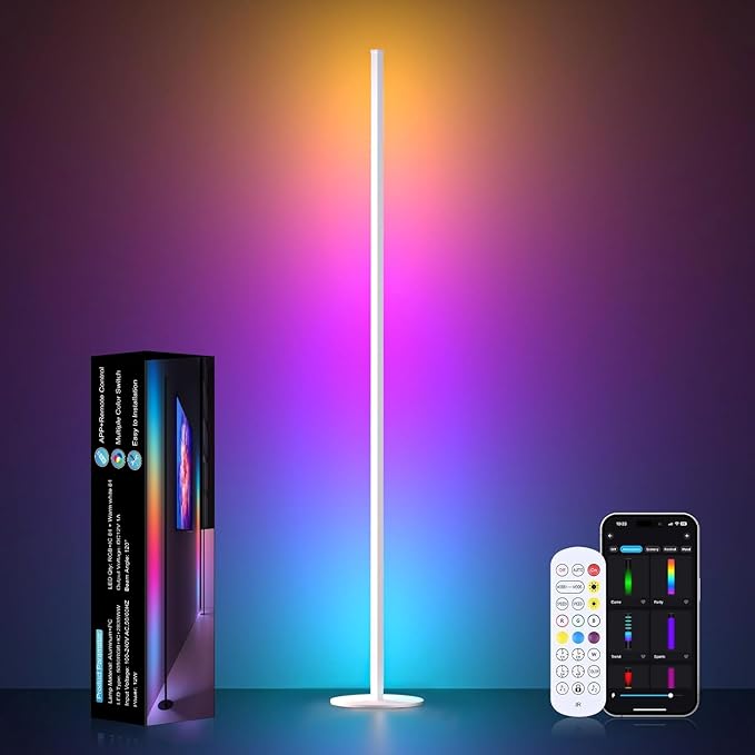 White Corner Floor Lamp, LED Corner Lamp with Music Sync, APP & Remote Control RGBW IC Floor Lamp Color Changing Ambient Lighting for Living Room, Bedroom, Gaming, Party