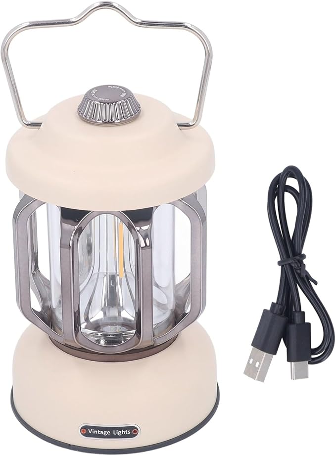 Retro Camping Lantern, Rechargeable LED Tent Lamp with 3 Light Modes, Dimmable Vintage Camping Light with Hook, USB Type C Portable Lantern for Garden Outdoor (Beige)