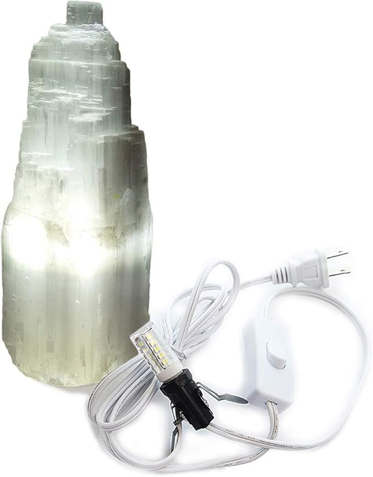 AMOYSTONE 8" Natural Selenite Crystal Lamp White Gemstones Skyscraper Tower Healing Lights Small, Include Led Bulb Switch