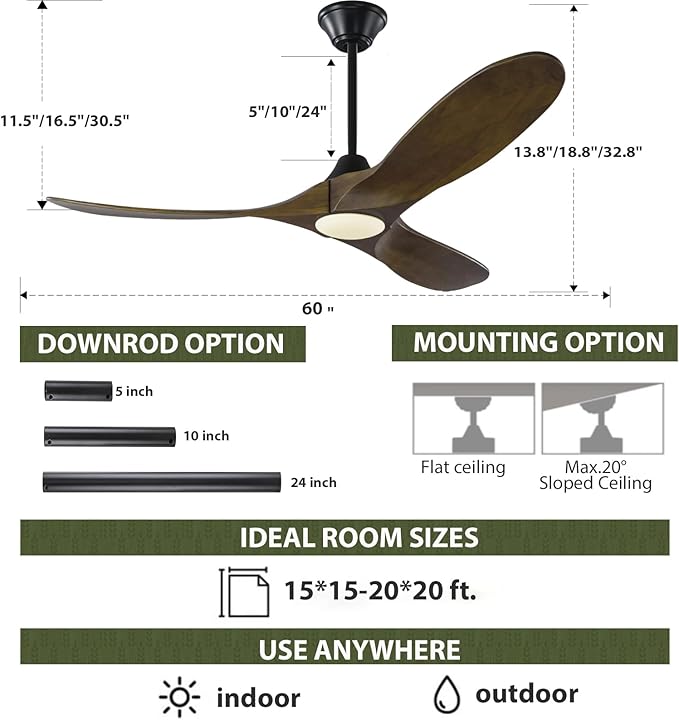 60 Inch Outdoor Ceiling Fans for Patios with Light, Smart Wood Ceiling Fan Alexa Wifi Control, Rustic Farmhouse 3 Blade Propeller Style, High CFM Quiet DC Motor, for Indoor Exterior, Black and Walnut