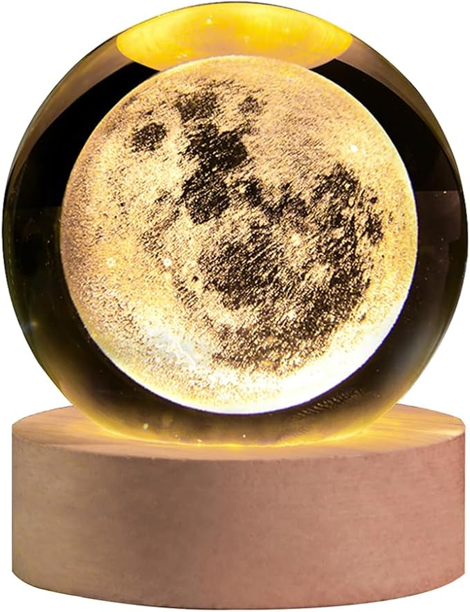 3D Laser Engraved Moon Crystal Ball Lamp, 2.4" Glass Sphere Decorative Balls, Moon Planet Space Globe Night Light Gifts for Women