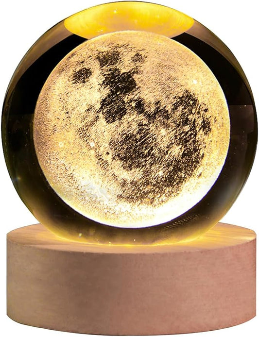 3D Laser Engraved Moon Crystal Ball Lamp, 2.4" Glass Sphere Decorative Balls, Moon Planet Space Globe Night Light Gifts for Women