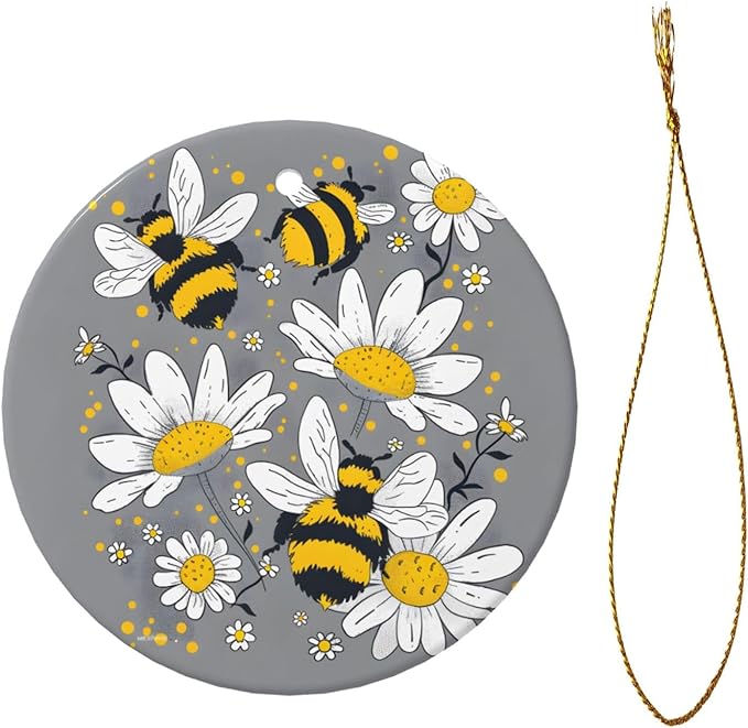 Daisy Flower Floral Bee Christmas Ornaments, Christmas Decorations Xmas Tree Hanging Ornaments, Round Ceramic Festive Keepsake Gift for Xmas Decorations Holiday Home Decor