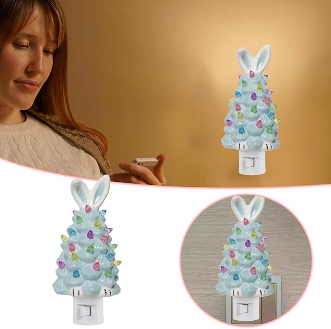 Easter Bunny Tree,Bunny lamp,Glowing Bunny Imitation Ceramic Tree,Resin Bunny Figurine with Colorful Lamp,Light Up Tree with Rabbit Ears,Easter Night Light for Home Decorations (E)
