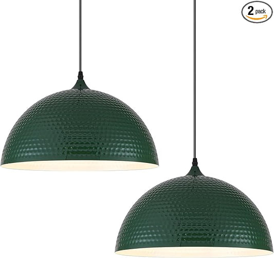 16 inch Green Pendant Light 2 Pack, Hammered Large Industrial Pendant Lights Kitchen Island, Green Dome Pendant Light for Kitchen Island, Dining Room, Bar