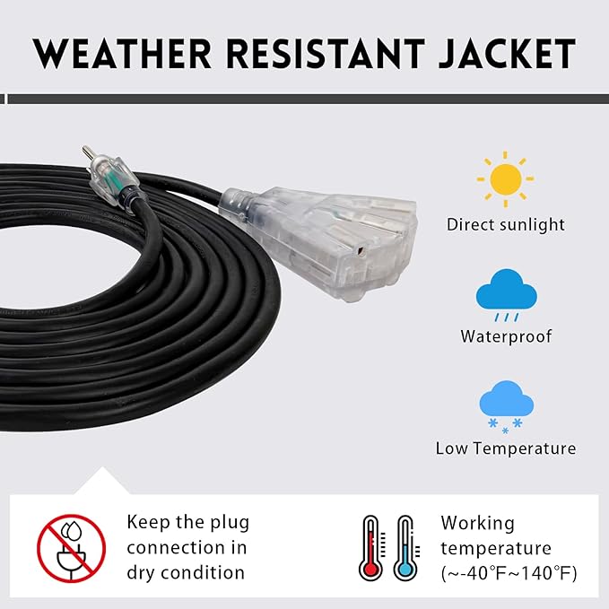 EP 25 Ft Lighted Outdoor Extension Cord with 3 Electrical Power Outlets - 14/3 SJTW Heavy Duty Black Extension Cable with 3 Prong Grounded Plug - Power Cord for Lawn, Garden, Appliances