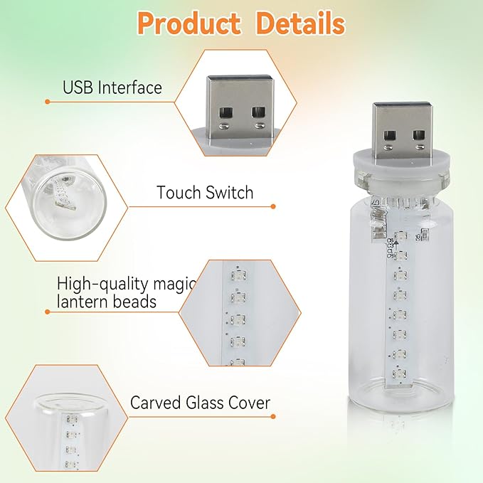 5Pcs Mini Retro Car Light, 10 Modes, Transparent Shell USB LED Car Interior Atmosphere Lamps, Touch-Control Portable Plug-in Glass Bottle Ambient Night Light for Camping Bedroom Party