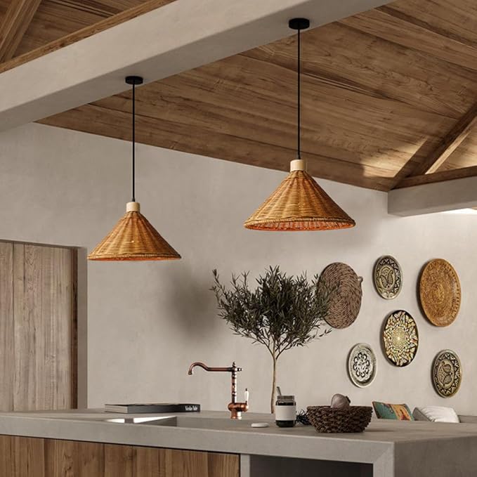 Hanging Light Fixture 13inch Bamboo Pendant Light Boho Hand-Woven Wicker Rattan Pendant Lamp Rustic Chandelier for Over Table Kitchen Island Farmhouse, 1-Light
