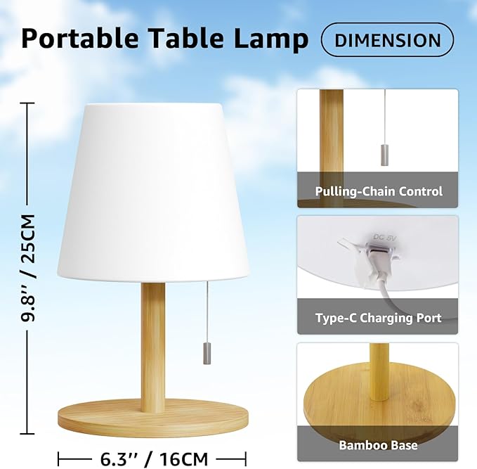 uuffoo Shower Lamp Waterproof Warm White & RGB Shower Light Dimmable LED Rechargeable Table Lamp Cordless Outdoor Lamps Portable for Indoor Outdoor Bathroom Home Patio H9.8in D6.3in (Bamboo)