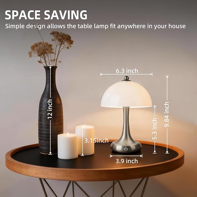 Rechargeable Cordless Table Lamp, Mushroom Touch Lamp with 3-Way Dimmable Control, 3000mAh Battery Powered LED Desk Lamp, Small Bedside Lamp for Bedroom, USB Charging, Home & Office Decor, Silver