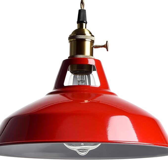 YUBOLE Plug-in Pendant Light Vintage Red Barn Shade Hanging Light Fixture Adjutable Hanging Cord with On-Off Switch Swag Lamp for Kitchen Bar Cafe Bedroom Loft