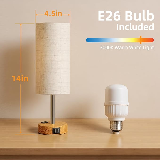 Table Lamp for Nightstand, High-Sensitivity Touch, 3-Level Dimmable Bedside Lamp with AC Outlet | USB | and USB-C, Ideal Night Stand Lamp for Bedroom, Reading, Living Room (Warm&Wooden)