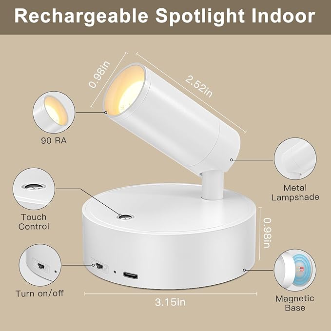Kimjo Rechargeable Spot Lights for Plants, Wireless LED Spotlight, Uplighting Indoor with Remote and Dimmable, Accent Lighting for Picture, Battery Operated Wall Light with Metal Lampshade (2 Pack)