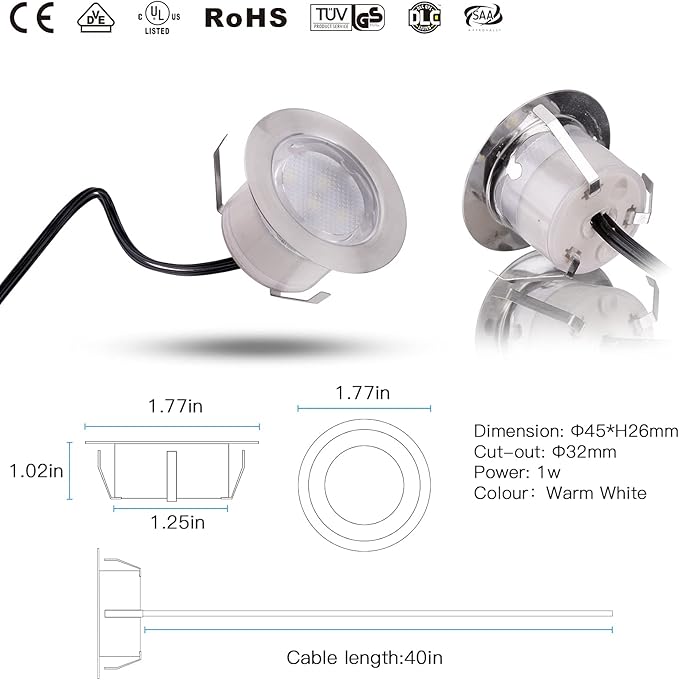 Recessed LED Deck Light Kits,Choose Size Φ1.78",12Pack Step Lights Kits In Ground Outdoor LED Landscape Lighting IP67 Waterproof, 12V Low Voltage for Garden,Yard Steps,Stair,Patio,Floor,Deck Railings