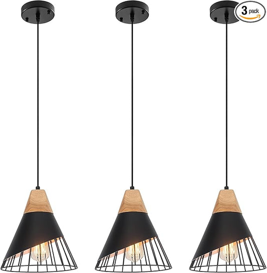 Black Pendant Light, 3 Packs 9.4inch Farmhouse Pendant Light, Kitchen Pendant Lights, Black Pendant Lights Kitchen Island for Living Room, Bar, Bedroom, Office