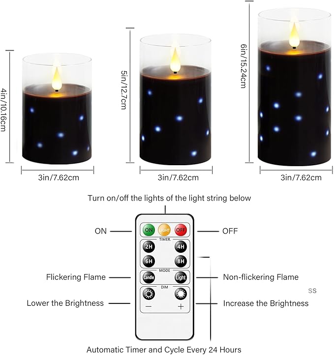 Real Wax Flameless Candles Glass,Battery Operated LED Candles with Flickering Flame,Glass Shell,Interior Star Light Decoration Set of 3 Black (D3×H 4" 5" 6") for Home Decor,Holiday Decoration
