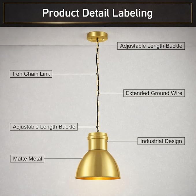 BoostArea Gold Pendant Lights Kitchen Island, 10.6" Large Metal Shade and 70.9'' Adjustable Height, Modern Pendant Lighting Fixtures,Farmhouse Hanging Pendant Light for Kitchen Island/Bar,No E26 Bulb