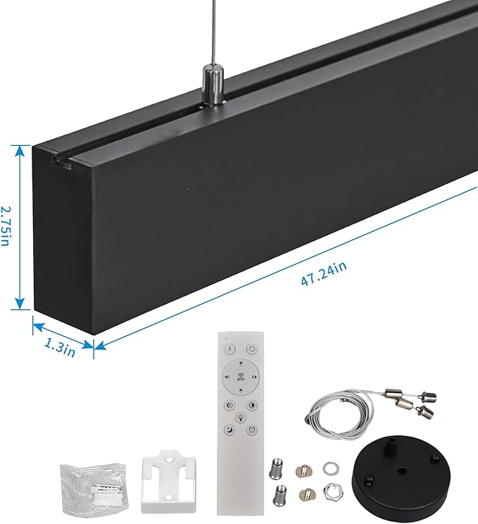 2.4G Remote Series LED Linear Light Fixture with Remote, 4FT 43W Downlight and 7W Uplight, 3000K-6000K Color Changing, Dimmable Hanging Office Shop Light, Black