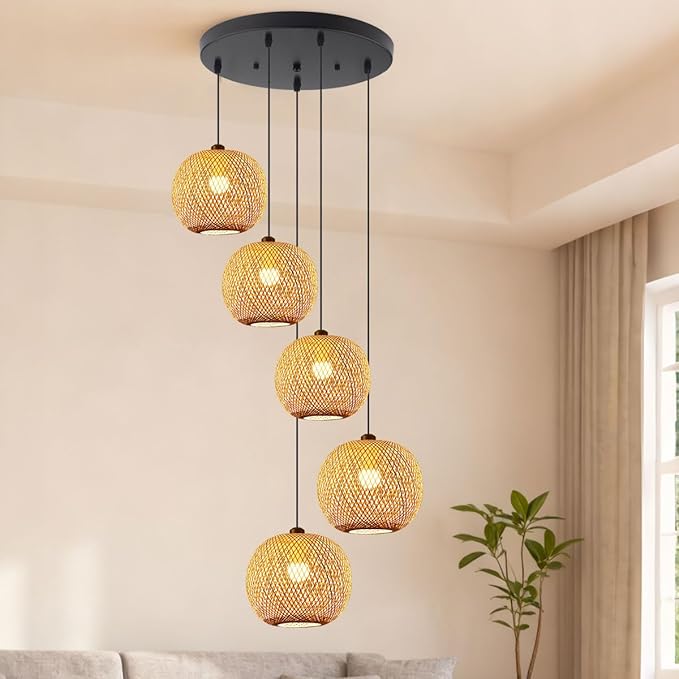 5-Light Rattan Chandelier Lighting for Staircase Boho Bamboo Long Chandeliers for High Ceilings, Wicker Adjustable Pendant Light Fixture for Foyer Living Room Entryway, E26 Base