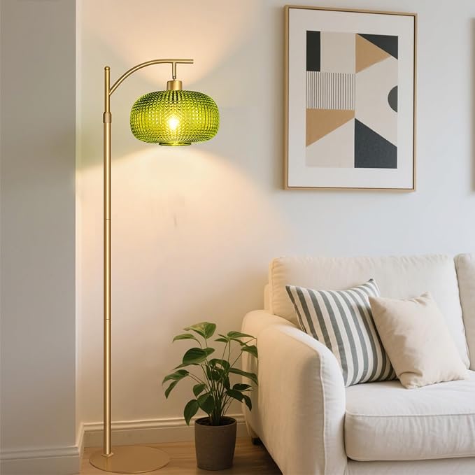 Modern Floor Lamp for Living Room, Mid Century Tall Standing Lamp Green Glass Lamp Shade, Dimmable Gold Tall Pole Lamp for Bedroom Office with Remote, 1 x 12W LED Edison Bulbs Included