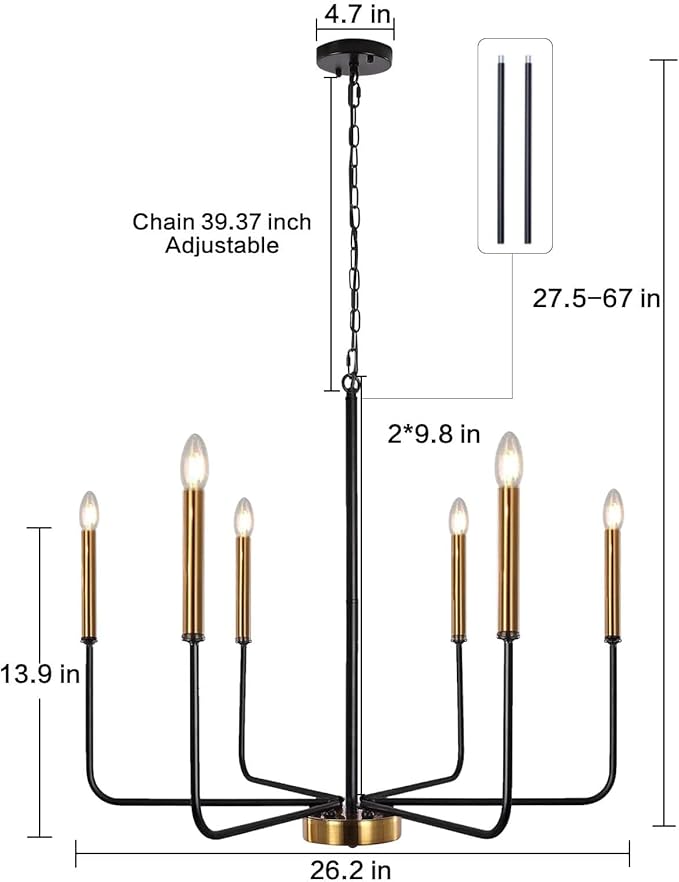 ETONIMERR Modern Farmhouse Chandelier Light Fixture Ceiling Hanging, 6-Light Black and Gold Industrial Chandelier for Dining Room, Rustic Candle Pendant Light for Kitchen Island, Living Room