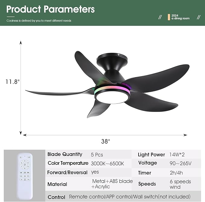 Ceiling Fans with Lights Remote/APP Control, 38" Low Profile Ceiling Fans with Dimmable White Colors+ RGB Ring Lights, 6 Speeds 5 Reversible Blades for Kids Room Bedroom Living Room, Black