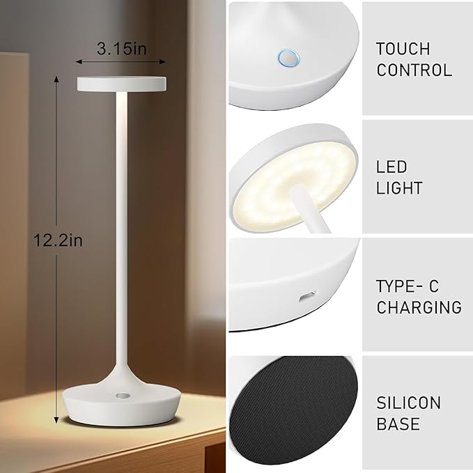 Cordless Table Lamp Rechargeable - 6000mAh LED Battery Operated Table Light - Portable Touch Dimmable Outdoor Waterproof Table Lamps for Patio Bar Restaurant Dining (2 White)