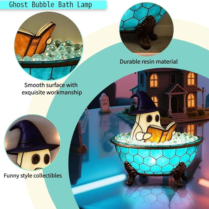Halloween Ghost Bubble Bath Lamp - Cute Spooky LED Night Light for Bathroom Decor, Bathtub Lights for Kids, Halloween Party Gift Idea, Ghost-Themed Resin Lamp