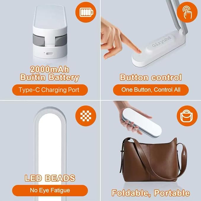 LED Desk Lamp for Office Home & Battery Operated Lamp Rechargeable Lamp Foldable & Portable Light, LED Desk Light Strip, 3 Brightness Dimmable Small Desk Lamp Wireless Reading Lamp(2PACK)