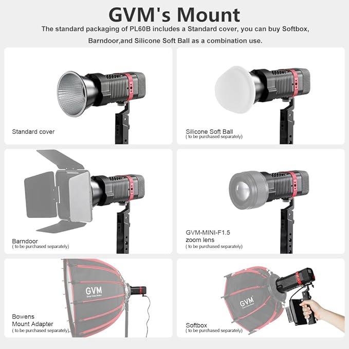GVM 60W Video Light for COB Studio Lights, Portable Photography Lighting for Recording, Bowen Mount Adapter with Led Video Lighting, 2 Batteries, Spotlight for APP, Outdoor, 2700-6800K