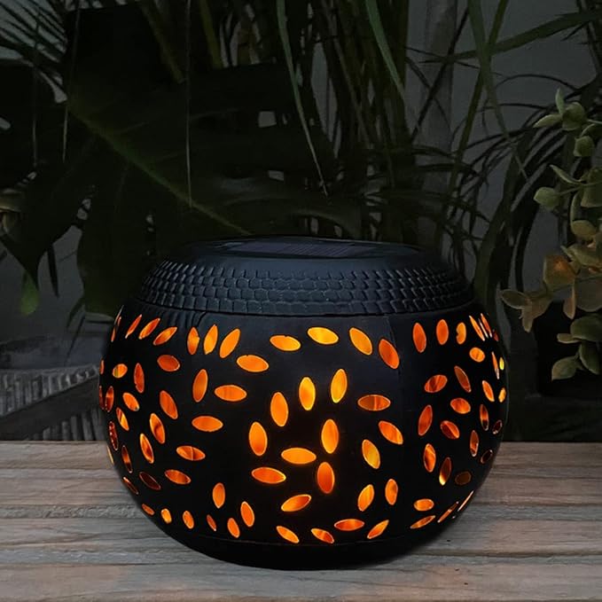 Solar Table Lantern Outdoor Waterproof-Dancing Flickering Flame Solar Powered LED Light,Black Metal Desktop Decorative Lamp for Gifts for Women Mom Desk Patio Garden Yard Decor