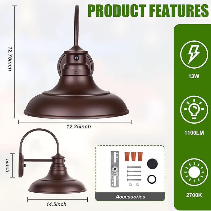 Oil Rubbed Bronze Dusk to Dawn LED Outdoor Barn Lights - Farmhouse Gooseneck Exterior Wall Lighting Fixture, 12" Porch Lights, Outside Wall Lights for House Garage Patio Doorway (13W 2700K), 2 Pack