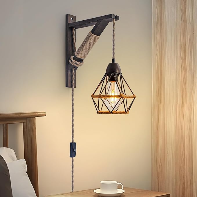 SEEBLEN Plug in Wall Light Sconce Set of 2,Farmhouse Wall Lamp with Plug in Cord On/Off Switch,Industrial Lamp with Metal Cage for Bedroom Headboard Living Room.