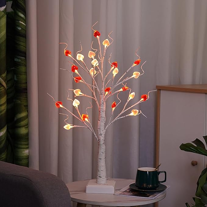 Tabletop Mini Tree Light 23.6Inch Height Artificial Lamp with 24Pcs Led Heart and Timer Dimmable White Birch Twinkle Fairy Tree Lamp 3 AA Battery or USB Powered for Girls Bedroom Decor