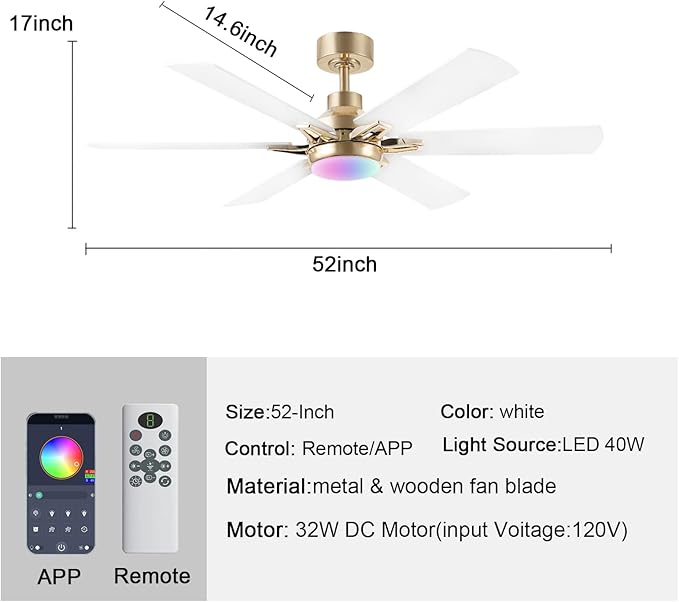 52in Ceiling Fans with Lights RGB Ceiling Fan with Light and Remote/APP Control,Low Profile Ceiling Fans with Lights for Bedroom,Living Room,Kids Room,3CCT Dimmable Modern Ceiling Fan, 6 Speeds,white