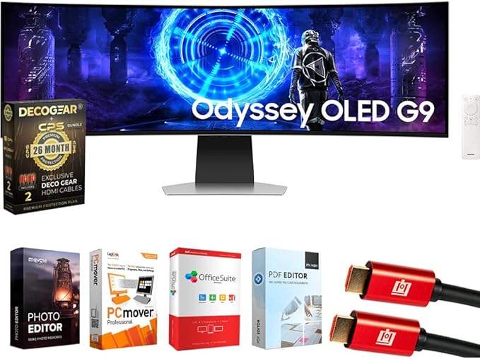 Samsung LS49DG956SNXGO 49 inch Odyssey OLED G9 Dual QHD Curved Gaming Monitor Bundle with Elite Suite 18, 2X HDMI Cable and Deco Gear CPS Exclusive 26 Month Protection Pack (BEACH-CPS-26M2000)