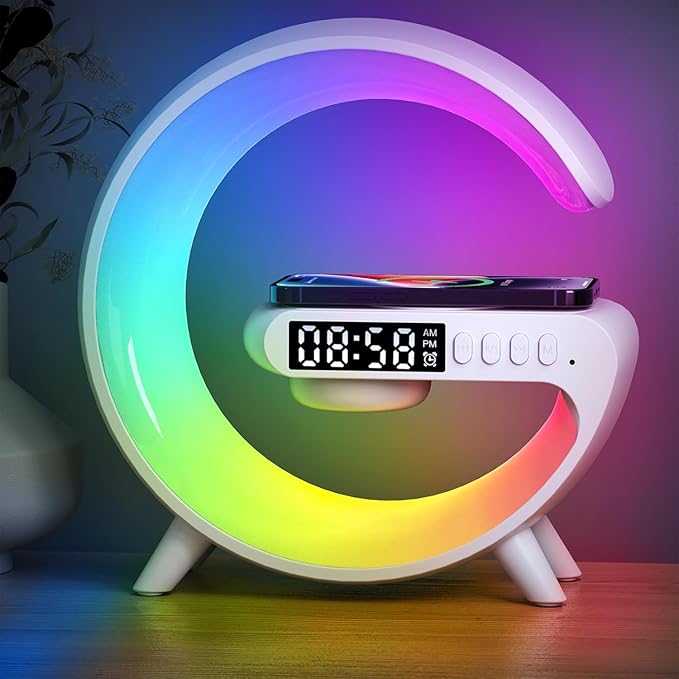 New Wireless Speaker Charger, Atmosphere Light with Wireless Charging Function, Table Lamp, Bedside Lamp with Alarm Clock & Charging Function, Bedroom Bedside Lamp, Gifts (White)