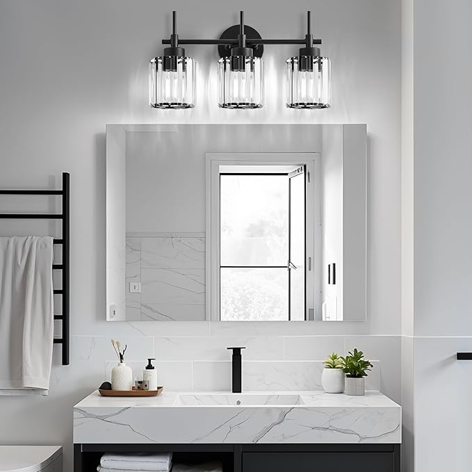 3 Light Crystal Vanity Light, Bathroom Lighting Fixtures Over Mirror Black Crystal Wall Light Bath Wall Lighting Modern Bath Wall Sconce Lighting for Bedroom Living Room