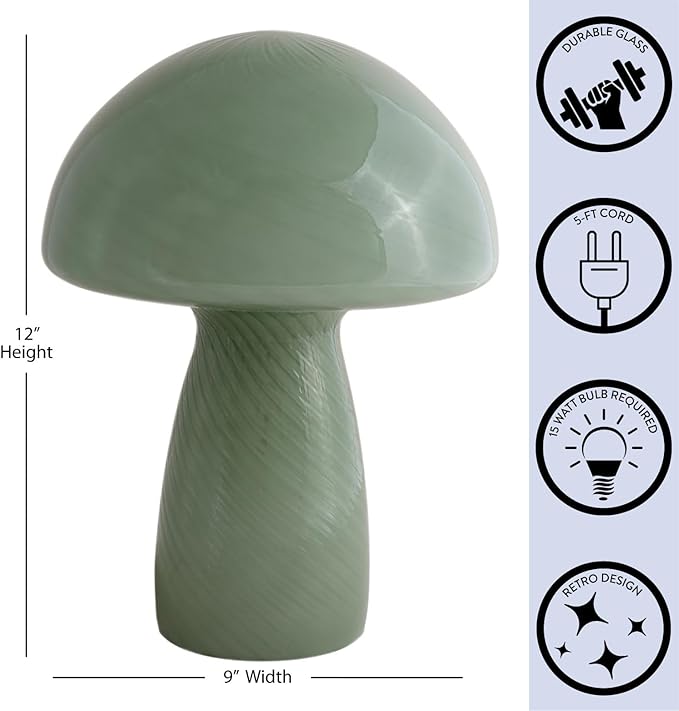 Urban Lifestyle 12" Green Striped Glass Mushroom Lamp, Modern Retro Table Lamp for Bedroom, Living Room, or Office Décor