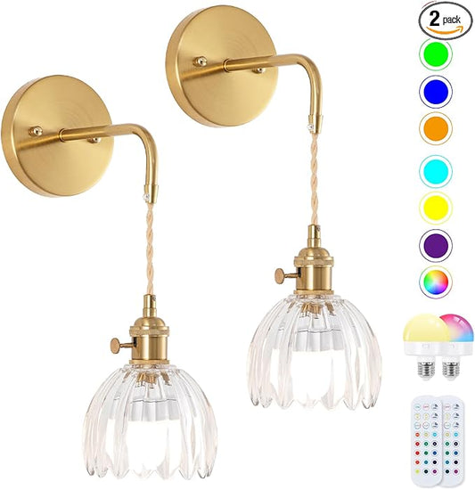 Vintage Battery Operated Wall Sconces Sets Of Two, Indoor not Hardwired Transparent Tulip Glass Lampshade Fixtures, Rechargeable Wireless RGB Wall Lights with Dimmable Remote, for Bedroom Living Room