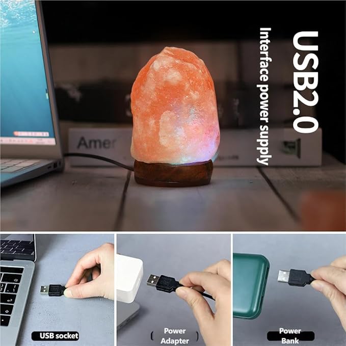 Himalayan Salt Lamp with USB Power, Natural Shape, Color-Changing LED and Warm White Light, Wooden Base Night Light (C, Change Color)