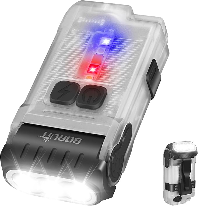 BORUIT V15 LED Small Powerful EDC Flashlight with Warm White Red Light,Bright 1200LM USB C Rechargeable 10 Modes Mini Pocket Keychain Flash Light with Clip,IP67 Waterproof,80°Head Swivels,Tail Magnet