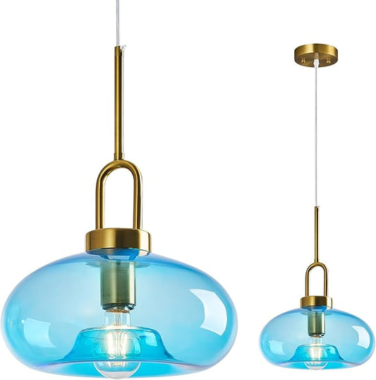 Light Blue Glass Pendant Lights Kitchen Island Gold Pendant Light Fixtures Adjustable Height Modern Pendant Lighting for Bedroom Dining Room (1-Pack)